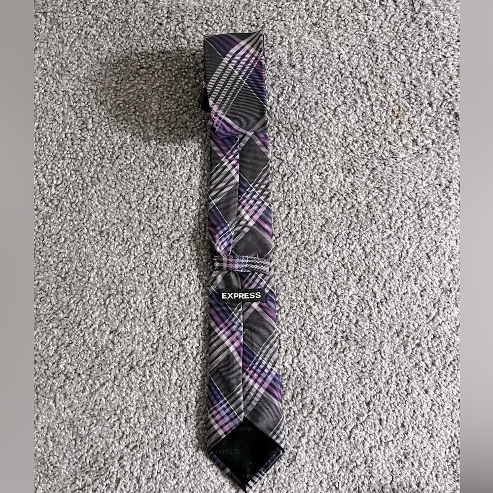 Men’s express white charcoal and purple plaid tie length 60”in 100% silk